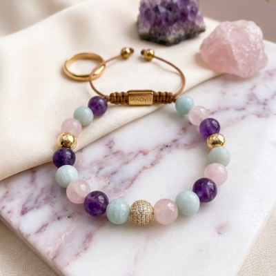 Akvamarīna + rozā kvarca + ametista aproce sievietēm