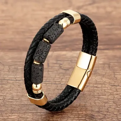 Vīriešu ādas aproce ar lavas akmeņiem (18-22cm)